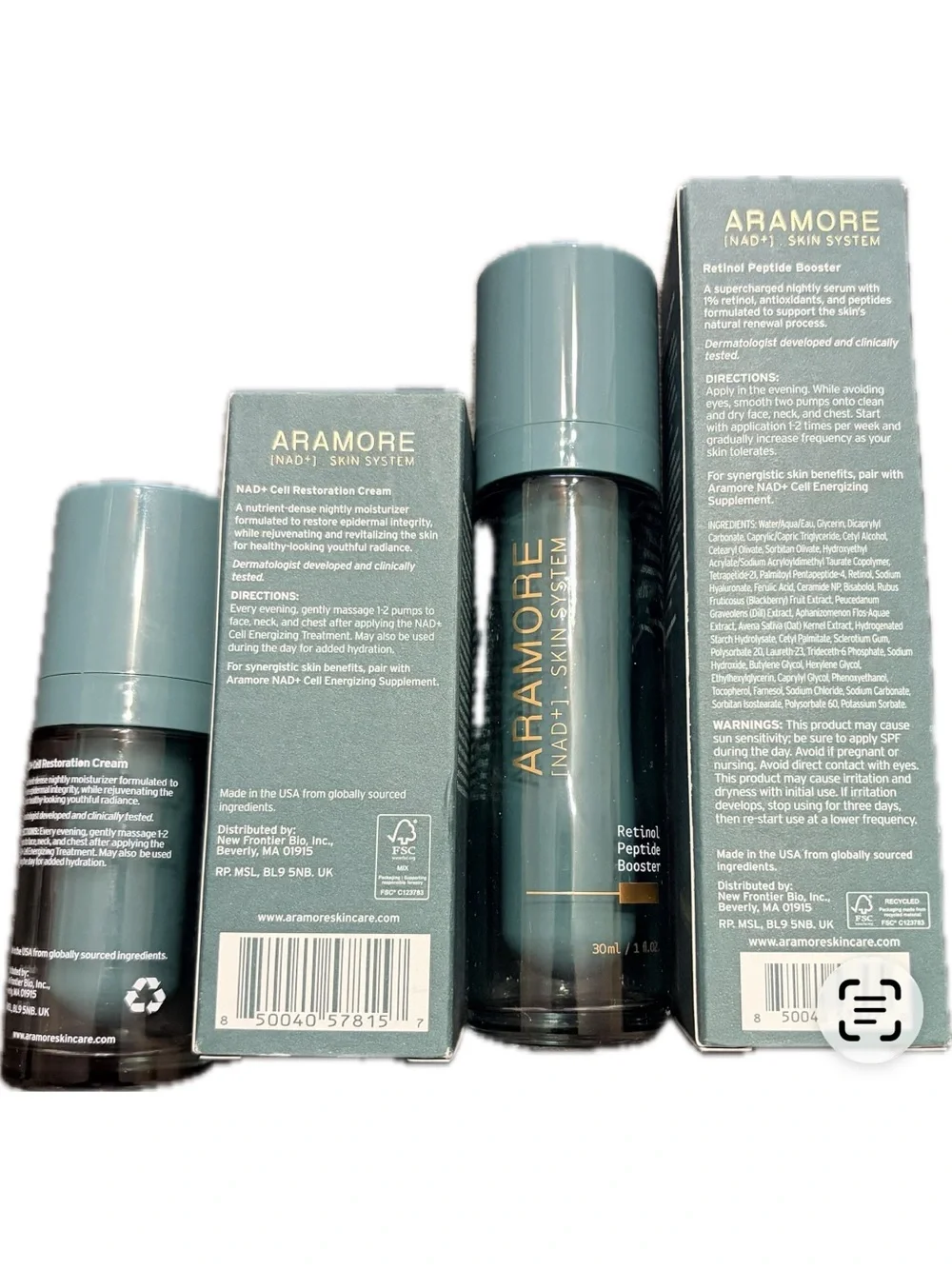 Aramore Skincare Retinol Peptide Booster 1oz & NAD+ Cell Restoration Cream .5 oz